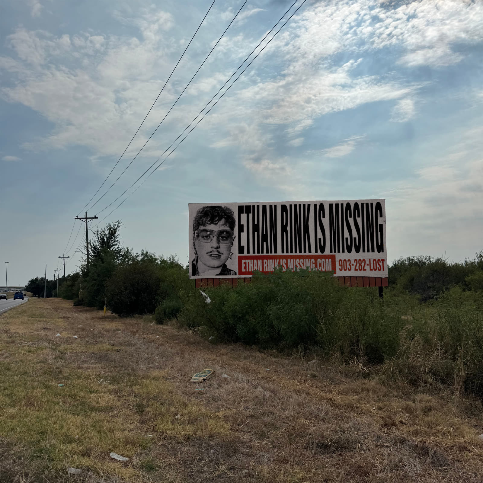 Roadside billboard on a Texas highway reading ETHAN RINK IS MISSING, with ethanrinkismissing.com and 903-282-LOST