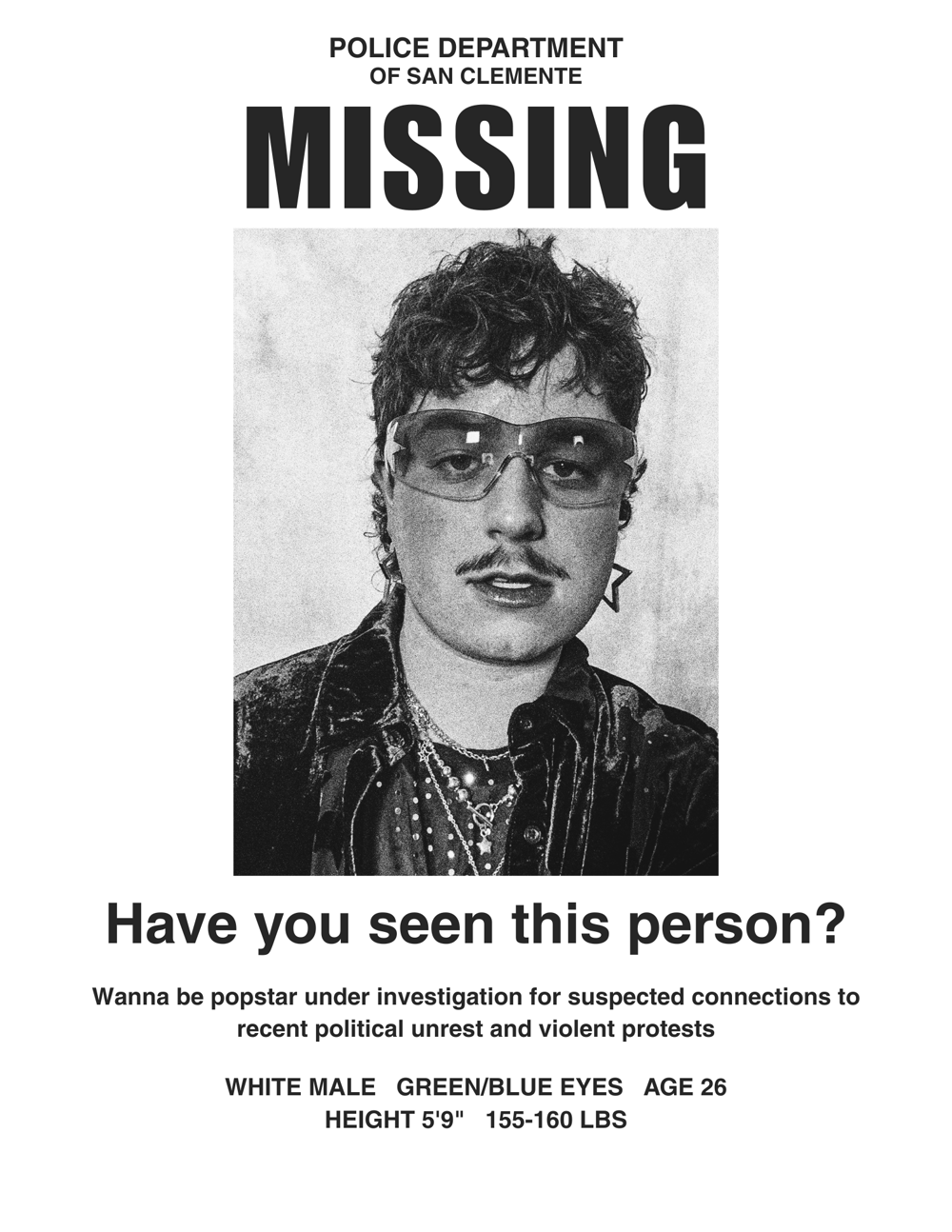 Police Department of San Clemente missing poster: Have you seen this person?